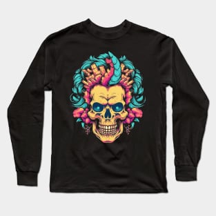 Skull with Flowers and Vaporwave Colors Long Sleeve T-Shirt